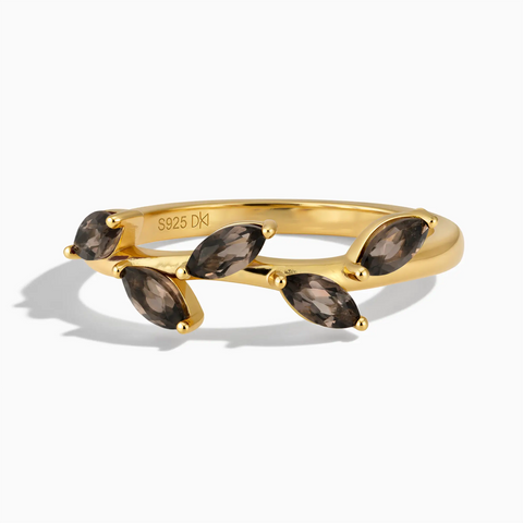 18KT Yellow Gold Vermeil Marquise Smoky Quartz Leaf Ring - Secret Garden Front View