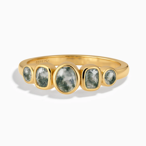 18KT Yellow Gold Vermeil Mixed-Cut Moss Agate Graduated Ring - Pebble Glow Front View