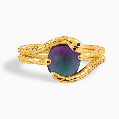 18KT Yellow Gold Vermeil Oval Alexandrite Coil Ring - Serpent's Embrace Front View