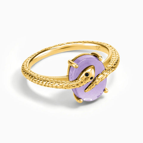 18KT Yellow Gold Vermeil Oval Amethyst Wrap Serpent Ring - Coiled Sanctum Front View