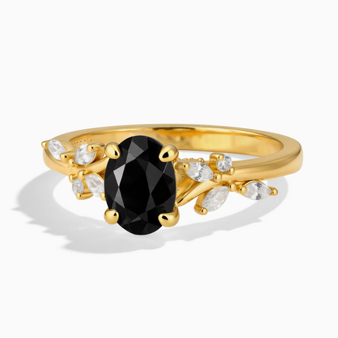 18KT Yellow Gold Vermeil Oval Black Onyx Branch-Like Ring - Sylvan Charm Front View