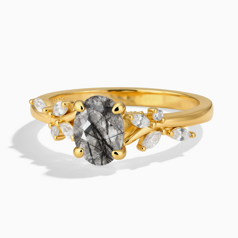 18KT Yellow Gold Vermeil Oval Black Rutilated Quartz Branch-Like Ring - Sylvan Charm Front View