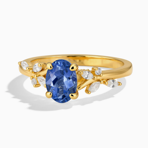 18KT Yellow Gold Vermeil Oval Blue Sapphire Branch-Like Ring - Sylvan Charm Front View