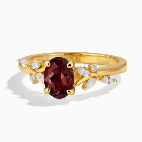 18KT Yellow Gold Vermeil Oval Garnet Branch-Like Ring - Sylvan Charm Front View