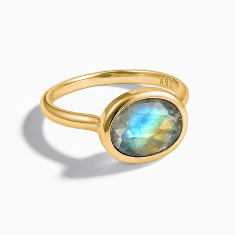 18KT Yellow Gold Vermeil Oval Labradorite Bezel Ring - Contour Front View