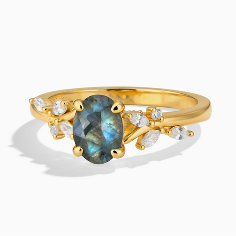 18KT Yellow Gold Vermeil Oval Labradorite Branch-Like Ring - Sylvan Charm Front View