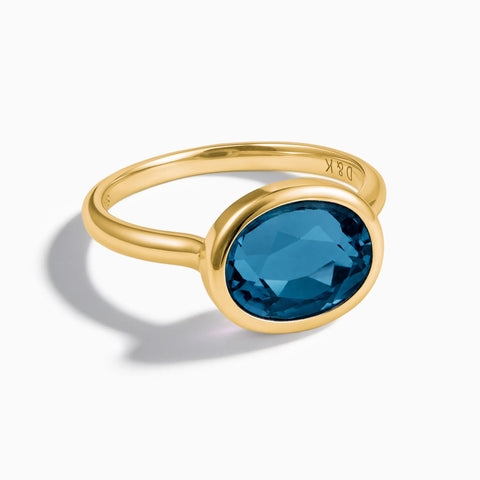 18KT Yellow Gold Vermeil Oval London Blue Topaz Bezel Ring - Contour Front View