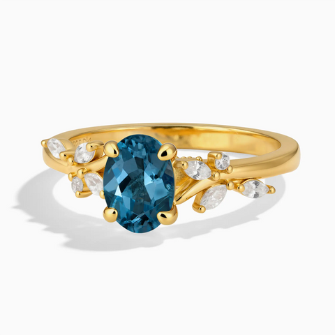 18KT Yellow Gold Vermeil Oval London Blue Topaz Branch-Like Ring - Sylvan Charm Front View