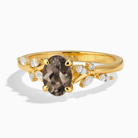 18KT Yellow Gold Vermeil Oval Smoky Quartz Branch-Like Ring - Sylvan Charm Front View