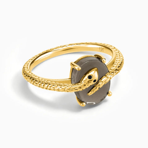 18KT Yellow Gold Vermeil Oval Smoky Quartz Wrap Serpent Ring - Coiled Sanctum Front View