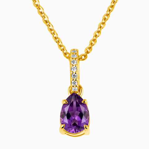 18KT Yellow Gold Vermeil Pear Amethyst Pendant Necklace - Ocean Tear Front View