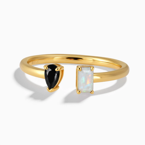 18KT Yellow Gold Vermeil Pear Black Onyx Emerald Cut Opal Toi et Moi Open Ring - Two Souls Front View