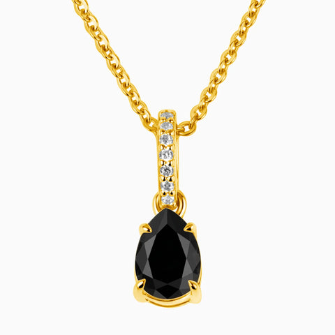 18KT Yellow Gold Vermeil Pear Black Onyx Pendant Necklace - Ocean Tear Front View