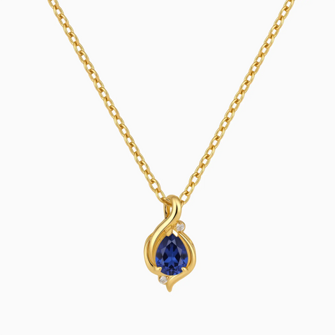 18KT Yellow Gold Vermeil Pear Blue Sapphire Swirl Necklace - Eternal Flowline Front View