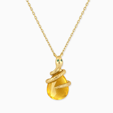18KT Yellow Gold Vermeil Pear Citrine Serpent Wrap Necklace Wild Oath Front View