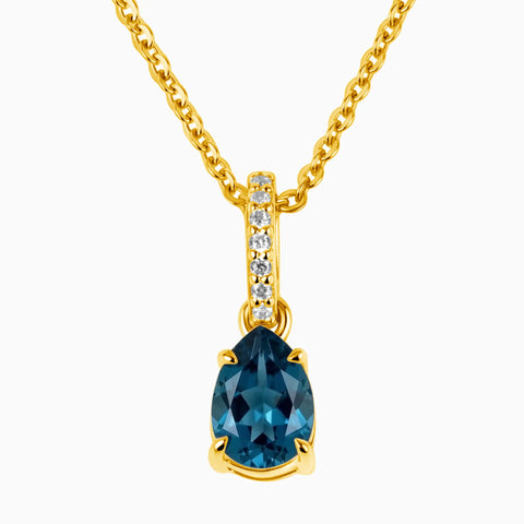 18KT Yellow Gold Vermeil Pear London Blue Topaz Pendant Necklace - Ocean Tear Front View