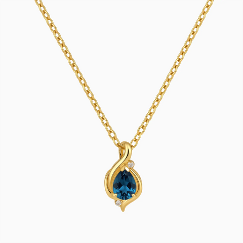 18KT Yellow Gold Vermeil Pear London Blue Topaz Swirl Necklace - Eternal Flowline Front View