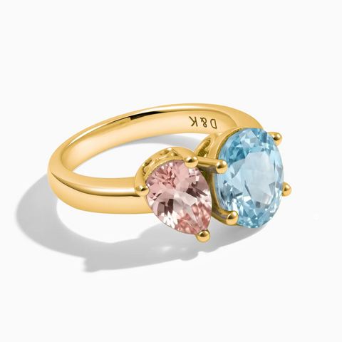 18KT Yellow Gold Vermeil Pear Morganite & Oval Aquamarine Toi et Moi Ring - Twin Reverie Front View