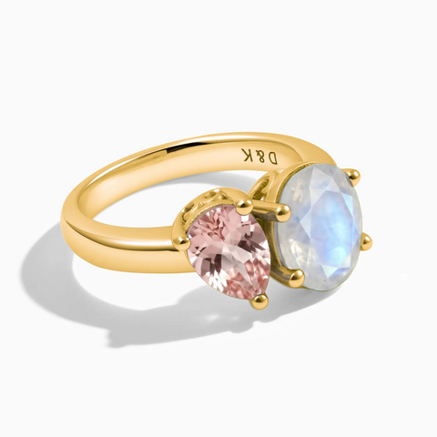 18KT Yellow Gold Vermeil Pear Morganite & Oval Moonstone Toi et Moi Ring - Twin Reverie Front View