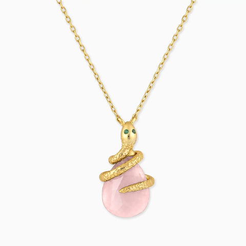 18KT Yellow Gold Vermeil Pear Rose Quartz Serpent Wrap Necklace Wild Oath Front View