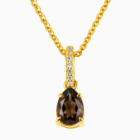 18KT Yellow Gold Vermeil Pear Smoky Quartz Pendant Necklace - Ocean Tear Front View