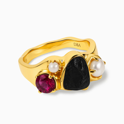 18KT Yellow Gold Vermeil Raw Black Onyx & Round Ruby Wavy Ring - Rolling Tides Front View
