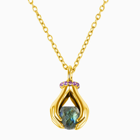 18KT Yellow Gold Vermeil Raw Labradorite Cradle Necklace - Guardian Hands Front View