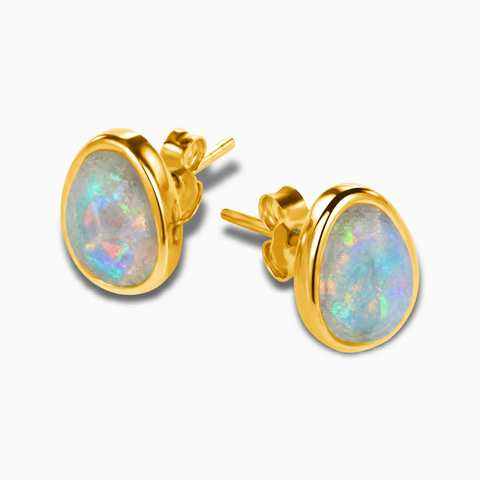 18KT Yellow Gold Vermeil Raw Opal Bezel Stud Earrings - Fluid Frame Side View