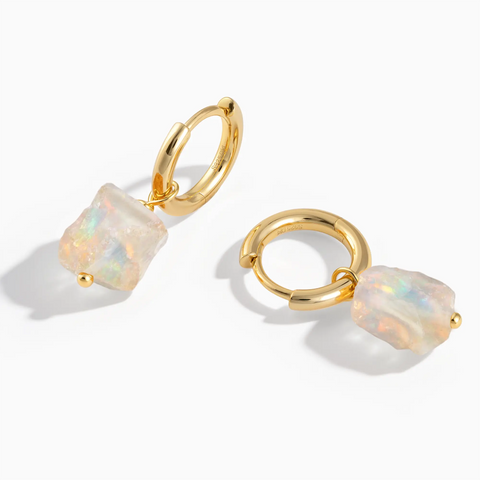 18KT Yellow Gold Vermeil Raw Opal Drop Hoop Earrings - Untamed Grace Front View