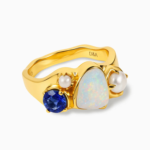 18KT Yellow Gold Vermeil Raw Opal & Round Blue Sapphire Wavy Ring - Rolling Tides Front View