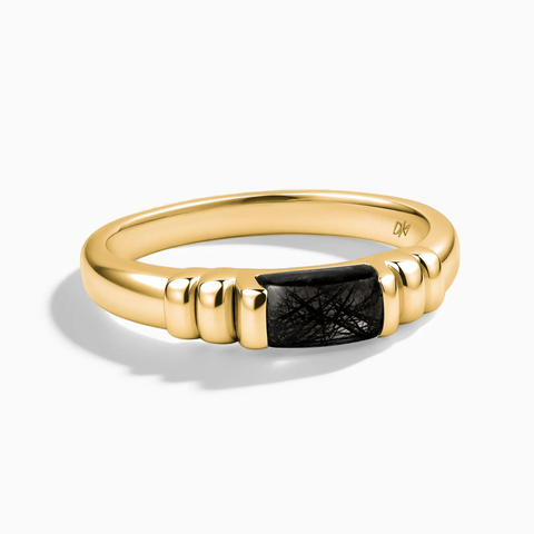 18KT Yellow Gold Vermeil Rectangle Black Rutilated Quartz Cabochon Ring Axis Front View