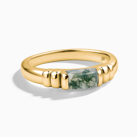 18KT Yellow Gold Vermeil Rectangle Moss Agate Cabochon Ring Axis Front View