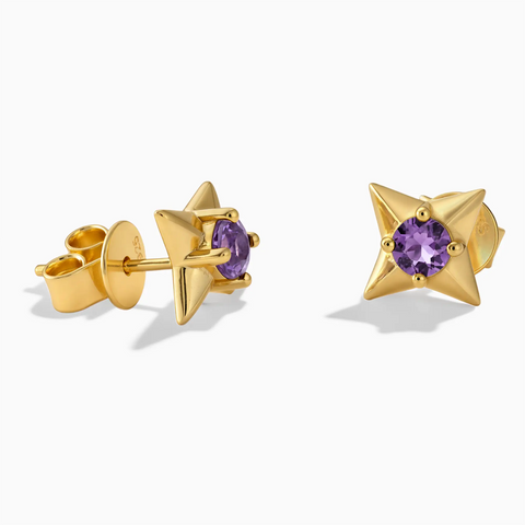 18KT Yellow Gold Vermeil Round Amethyst Four Point Star Stud Earrings - Wishkeeper Front View