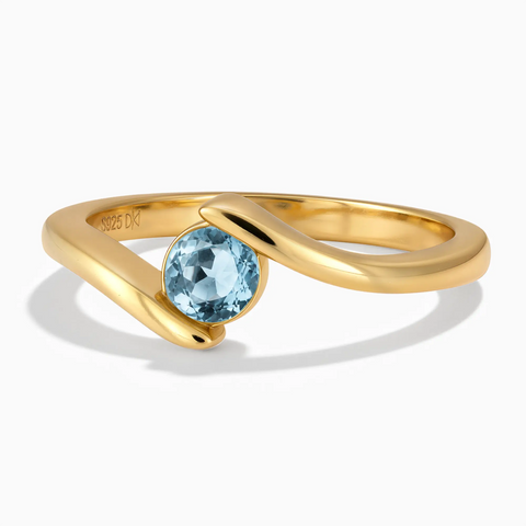 18KT Yellow Gold Vermeil Round Aquamarine Bypass Ring - Soft Haven Front View