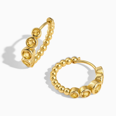18KT Yellow Gold Vermeil Round Citrine Bezel Hoop Earrings - Beaded Reverie Front View