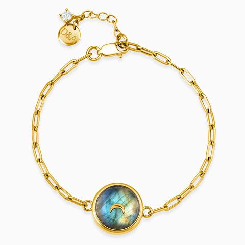 18KT Yellow Gold Vermeil Round Labradorite Paperclip Bracelet - Solo Moon Front View