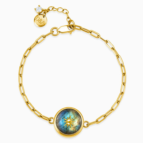 18KT Yellow Gold Vermeil Round Labradorite Paperclip Bracelet - Solo Sun Front View