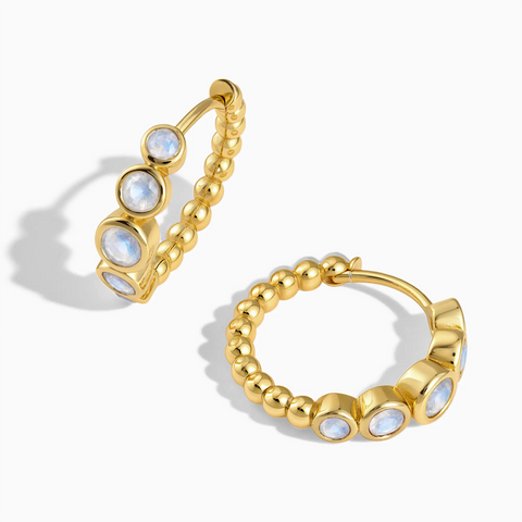 18KT Yellow Gold Vermeil Round Moonstone Bezel Hoop Earrings - Beaded Reverie Front View