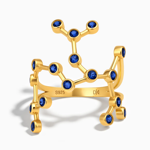 18KT Yellow Gold Vermeil Sagittarius Zodiac Constellation Ring - Blue Sapphire Front View