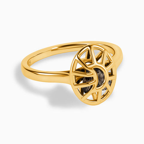 18KT Yellow Gold Vermeil Smoky Quartz Crescent Moon Hollow Oval Shaker Ring - Soul Cage Angled Front View