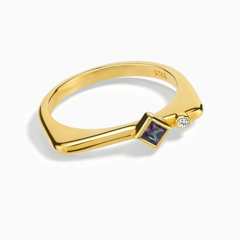 18KT Yellow Gold Vermeil Square Alexandrite Puzzle Stacking Ring - Minimal Light Front View