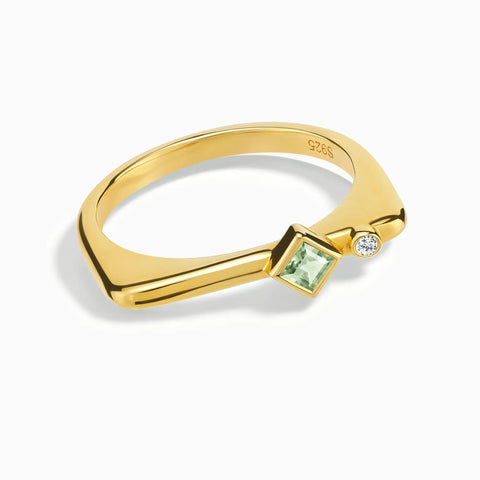 18KT Yellow Gold Vermeil Square Green Amethyst Puzzle Stacking Ring - Minimal Light Front View
