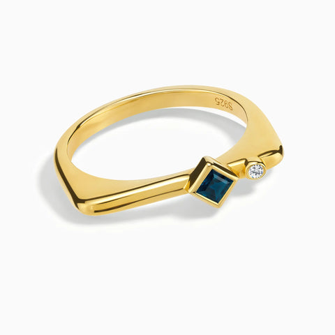 18KT Yellow Gold Vermeil Square London Blue Topaz Puzzle Stacking Ring - Minimal Light Front View