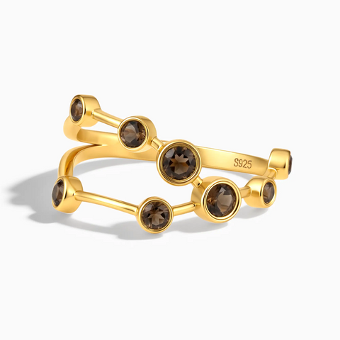 18KT Yellow Gold Vermeil Taurus Zodiac Constellation Ring - Smoky Quartz Front View