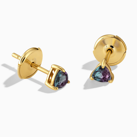 18KT Yellow Gold Vermeil Triangle Alexandrite Solitaire Stud Earrings - Gentle Resolve Front View