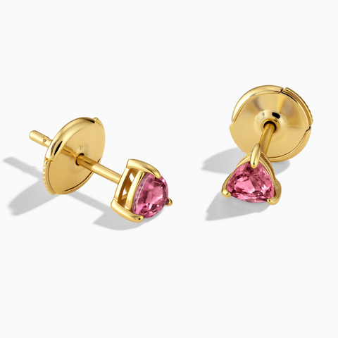 18KT Yellow Gold Vermeil Triangle Pink Tourmaline Solitaire Stud Earrings - Gentle Resolve Front View
