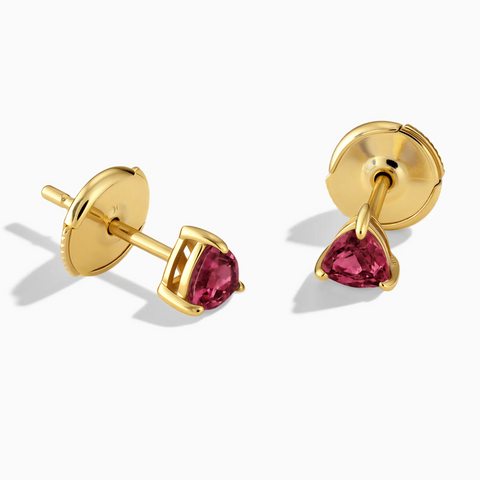 18KT Yellow Gold Vermeil Triangle Ruby Solitaire Stud Earrings - Gentle Resolve Front View
