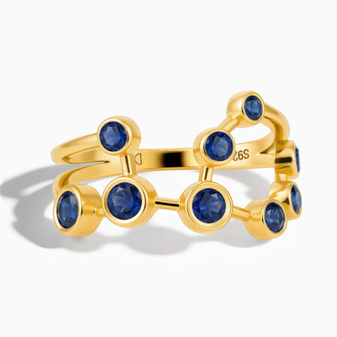 18KT Yellow Gold Vermeil Virgo Zodiac Constellation Ring - Blue Sapphire Front View
