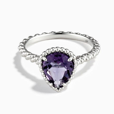 925 Sterling Silver Amethyst Pear Ring - Still Light Front View