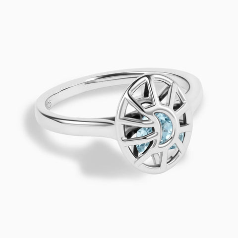 925 Sterling Silver Aquamarine Crescent Moon Hollow Oval Shaker Ring - Soul Cage Angled Front View